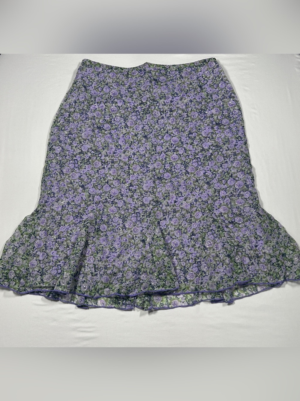Vintage 90s Y2K Purple Floral Print Mermaid Trumpet Midi Skirt